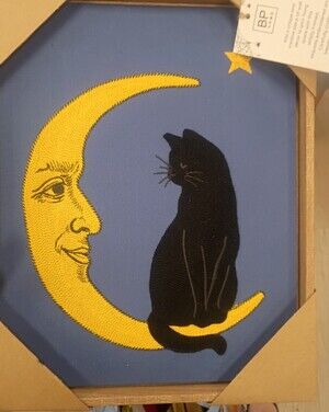 BP Woven Tapestry Black Cat on Yellow Moon Wall Art – Blue Background